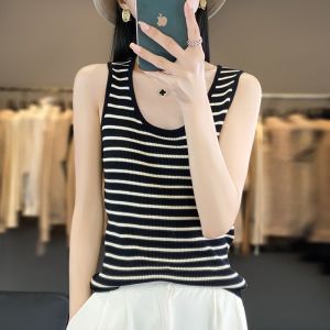 พลัสไซส์ ผู้หญิง ลายทาง ถัก สลิมฟิต แขนกุด ด้านบน ฤดูร้อน ชั้นฐานสวมใส่ด้านใน เสื้อกล้าม สบาย ระบายอากาศได้ดี ลำลอง