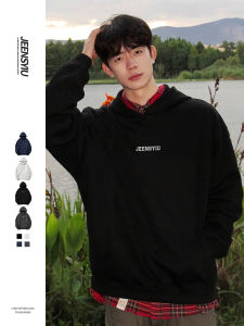 Black Hoodie Sweatshirt Mens Autumn Winter Loose Heavy Thickened Fleece Youth Trendy Long Sleeve Printed Casual Outerwear