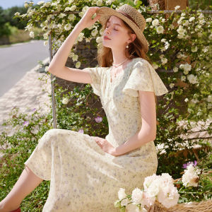 XIANGYING | Hepburn Style Black Floral French Slimming Dress