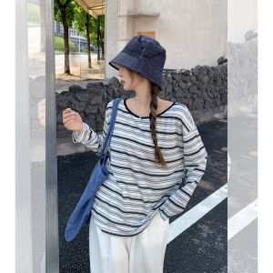 Loose Long Sleeve T-Shirt Womens Autumn New Style Striped Color Block Design Korean Style Casual Slimming Top for Ladies