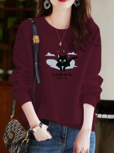 Fashionable Loose Long Sleeve Cotton Hoodie Womens Premium Quality Comfortable Fit Print Detail Turn-down Cuff round Neck Top