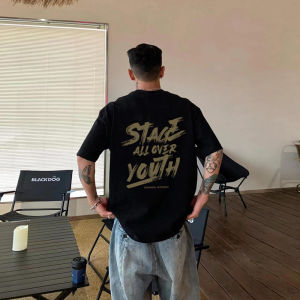 American High Street Retro Grass Written Slogan Short Sleeve Mens T-Shirt Pure Cotton Heavyweight Fashion Summer Top