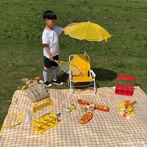 เก้าอี้สนามเด็ก ขาเหล็ก ผ้าใบกันน้ำ พับได้ ร่มบังแดด พร้อมกระเป๋าเก็บของ