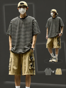 SZON | Trendy Japanese Style Striped Short Sleeve T-shirt & Work Shorts Suit