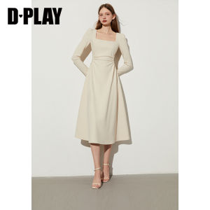 D-PLAY | Đầm Thu Sang Trọng Phong Cách Cổ Điển Pháp Ánh Trăng Trắng Dáng Ôm Dài Tay Cổ Vuông
