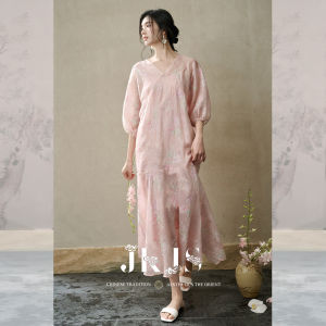 JK＆JS | Đầm Hè Kiểu Trung Quốc Mới Cổ V Tay Chuông Lụa Vải Linen Thêu