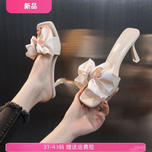 Fairy Style Bow Slippers Womens All-Matching Outer Wear Square Toe Slippers Open Toe Stilettos High Heels Small Size 313233