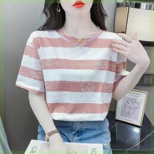 Áo Thun Nữ Tay Ngắn Sọc in Chữ Thời Trang Mùa Hè Thường Ngày Dáng Rộng Dài Vừa Phải Chất Liệu Cotton Áo Thun Phong Cách Đường Phố