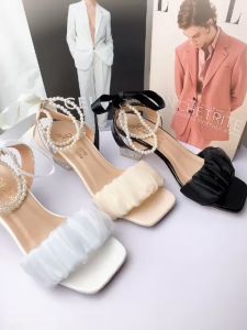 Giày cao gót vuông trong 5p quai dún ren cột nơ ruy băng cổ chuỗi - SD19