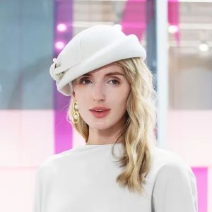 FS Black Church Hats Women Elegant Wool Fedora Hat Wide Brim Felt Cloche Bowler Cap With Bowknot Vintage Lady Purple Fedora