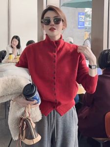 Red Half-High Collar Knitted Sweater Coat Womens Style 2025 New Spring Lazy High-End Feelings Ladies Knitted Open Cardigan Top