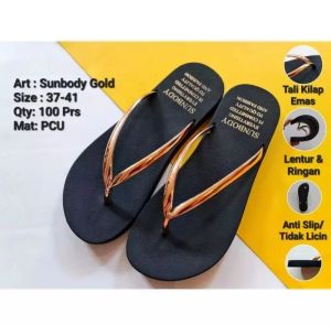 Sendal Jepit Tali Emas Dan Silver Wanita Bahan Karet Import