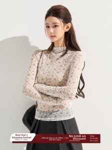 THROUS | Áo Thun Dài Tay Ôm Body Cổ Cao In Hoa