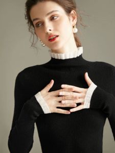 Big Sale First-Line Brand Counter Shopping Mall Label Cut Womens Clothes Wool Lace Patchwork Half Turtleneck Silm Cashmere Bottoming Shirt