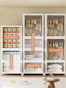 Baby Wardrobe Foldable - Dust-proof Moistureproof Clothes Storage Cabinet Multi-Layer Space Saving Children Wardrobe with Wheels for Bedroom (Adjustable Shelves Beige/Macaron)