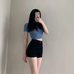 Y2K Korean Style Womens Black High Waisted Denim Shorts New A-Line Wide Leg Slim Fit Casual Summer Streetwear Trendy Hot Pants