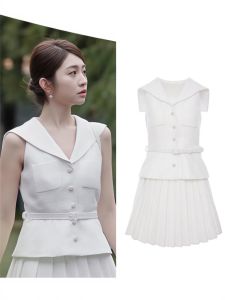 Blue White Navy Collar Short Skirt Dress Slimming Tweed Waist Cinched Fashionable Summer Polyester Fiber A-Line Dress