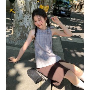 Mixd | Elegant Plaid Casual Haltered Tank Top