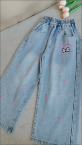 Trendy Baggy Maong Pants Cute Emroidered Design Heart Bow Casual Street Style Wide-Leg Pants Jeans for 5-12Y Kids Girls