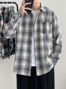 Gray Gingham Shirt Men 2024 Spring and Autumn New Arrival Retro Long Sleeves Black and White Plaid Shirt Youth Coat Mens Raccoon
