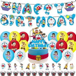 Potdemiel | Cartoon Doraemon Kids Birthday Decorations Banner Balloons Cake Toppers Baby Shower Decor Set Photo Shoot Backdrop Boy Girl Gift
