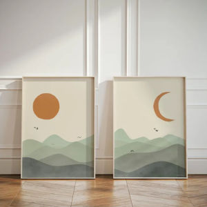 Sage Green Sun & Moon Landscape Canvas Printing Mid-century Abstract Geometric Wall Art Poster for Modern Living Room Home Decor
