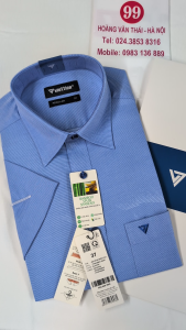 [Việt Tiến] Áo Sơ Mi Ngắn Tay - Regular (Suông) - Vạt Vuông - Kẻ ngang dày màu xanh da trời