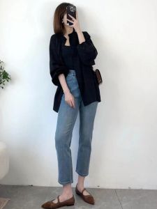 Blue High Waist Straight Leg Jeans Women plus Size Summer Slimming Nine-Piece Smoking Pants Pear Shape Body Jeans