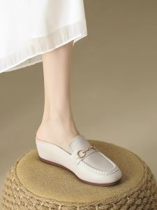 Genuine Leather Slip-On Half Slippers Womens Summer Outdoor Wear Comfortable Soft Bottom High Heel Increase Height Sandals