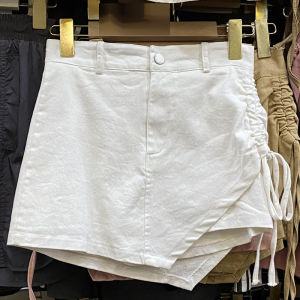 High Waist A-Line Mini Skirt White Denim Asymmetrical Drawstring Womens Design Sense Black Half-length Skirt Pants