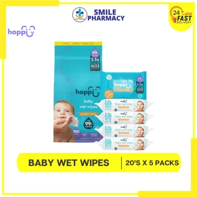 HOPPI Premium 99% Baby Water Wipes / Baby Wipes / Wet Wipes / Wet Tissue - Bundle [20 Wipes x 5 Packs]