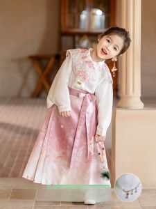 New 2024 Childrens Hanfu Set Girls Improved Tang Costume Spring Autumn Cloud Shoulder Traditional Chinese Style Princess Dress