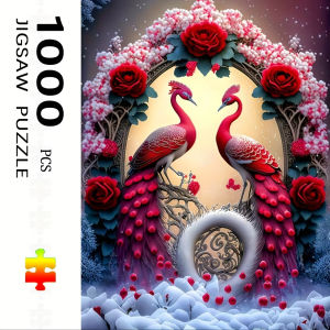 1000pcs Jigsaw Puzzle for Adults - Red Peacock & Roses Winter Scene with Snowflakes Vibrant Artwork Family Activity Brain Toy