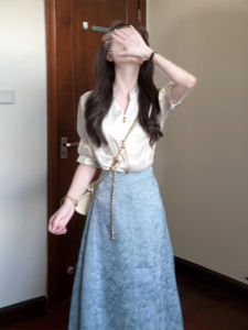 Early Autumn Korean Style Short Sleeve Shirt Top And Skirt Two Piece Set Blue Elegant High Waist Long Pants V Neck Casual Wear