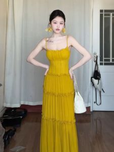 CHANGTONG | Elegant Beach Vacation French Yellow Fitting Dress