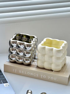 Luxury Ceramic Trash Can Small Living Room Storage Bucket Mini Desktop Cute Waste Disposal for Home Use Square Shape Bin