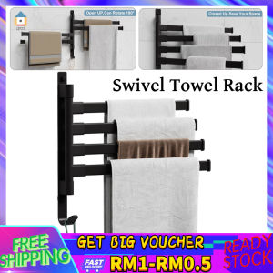 【Malaysia Spot Sale】Bathroom Swivel Towel Rack Wall Mounted Black Towel Bar with 4-Arm Towel Hanger Rustproof Towel Racks for Bathroom 180° Rotation 13 Inch Bathroom Towel Holder