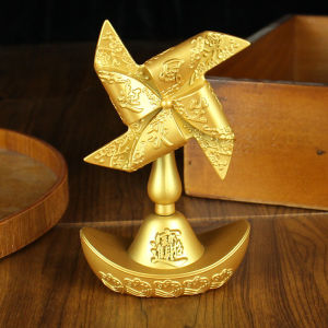 Golden Yuanbao Windmill Desktop Wealth Attracting Ornament Home Office Fengshui Fortune Decor