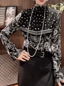 SUOXIMENG | Large Size Black Early Autumn Stand Collar Printed Long Sleeve Womens Shirt Vintage Fashion Trendy气质 Retro Style