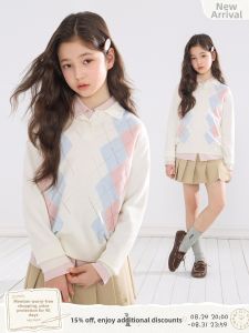 MUCMUKN | Vintage Check Collar Polo Sweater Girls Spring Wool Blend