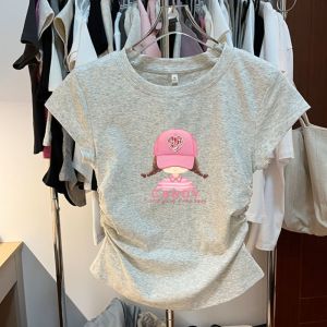 Áo Thun Cotton Tay Ngắn Cho Bé Gái Mùa Hè Phong Cách Hàn Quốc Dáng Ôm Vừa Vặn in Họa Tiết Hoạt Hình Cổ Tròn