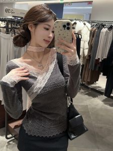 GUZILIAN | Pure Desire Lace Splice V-Neck Knitted Long Sleeve T-Shirt Women Winter Slim Design Short Sweet And Spicy Small Top