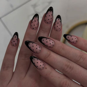 Medium fake nails for women girl fashion polka dots design black blue full cover french almond nail tips press on false nail art