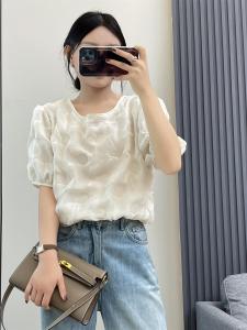 Huiyige Summer Womens Short-Sleeved Shirt Pullover round Neck Lace Shirt K-style Loose Sweet Solid Color Short Tops