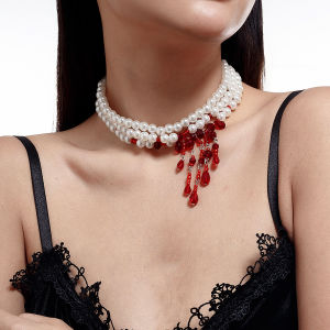 SHIXIN Halloween Red Crystal Blood Drop Tassel Necklace for Women Luxury Elegant Multilayer Imitation Pearl Choker Party Jewelry
