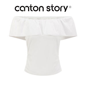 Cantonstory | Áo Thun Tay Ngắn Trắng Dập Vai Nẹp Eo