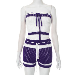 Crochet Tie Crop Top Set Knitted Wrap around Bikini Shorts Ensemble Sport Yoga Fitness Fan Gear Swimwear without Brand