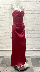 【original】 WaQas J&E Elegant Satin Long Split Halter Dress for Woman Backless Fishbone Solid Color Casual Dating Banquet Evening Wedding Graduation Formal Long Prom Dress
