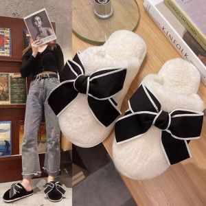 Retro Plush Heattech Couple Cotton Slippers Winter Online Influencer Cute Bows Home Closed Toe Confinement Shoes Men and Women