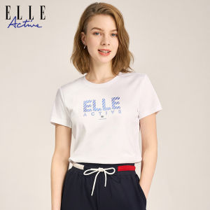 Elle Active Spring Summer New Style Womens Fashion Sport Letter White T-shirt Casual Short Sleeve Rhinestone Embellished round Neck Top
